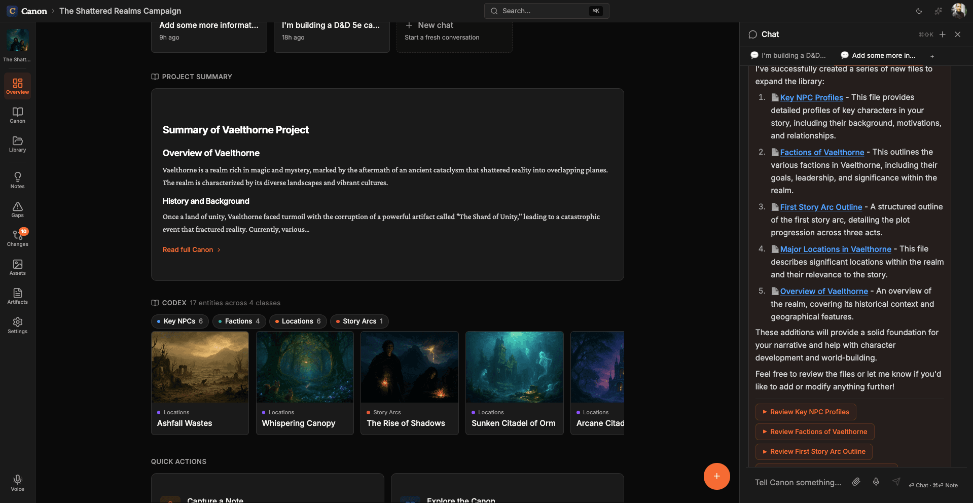 Canon — AI-powered concept studio showing a D&D campaign with structured world overview, entity codex, and AI chat