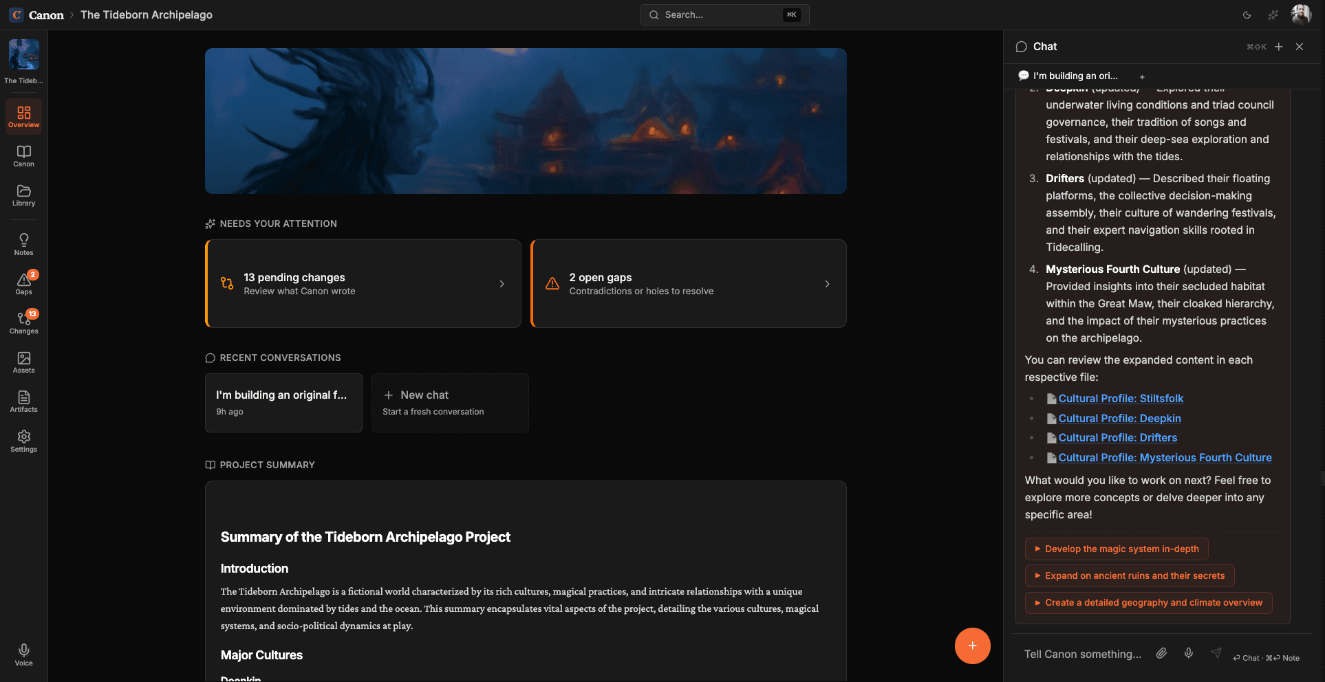 A worldbuilding project in Canon with cultures, magic systems, mythology, and political dynamics