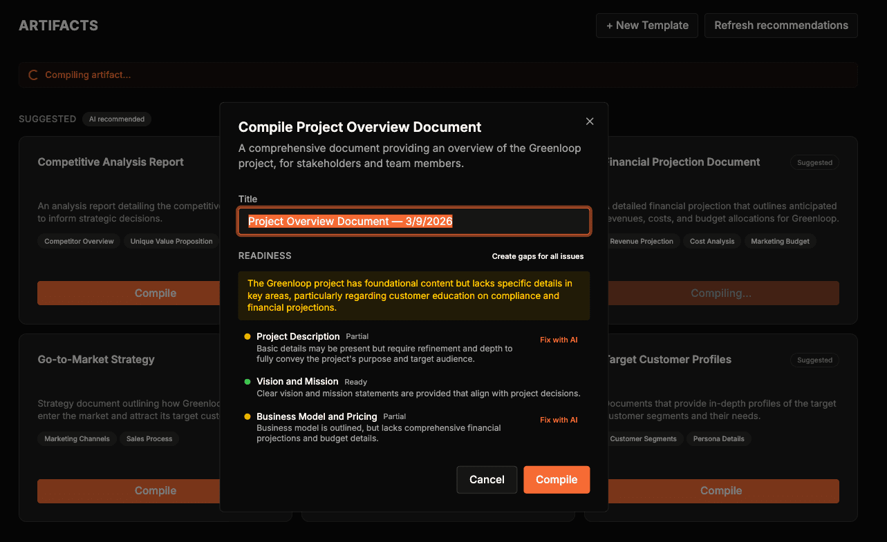 Canon artifacts page with compile dialog showing readiness checks and document generation