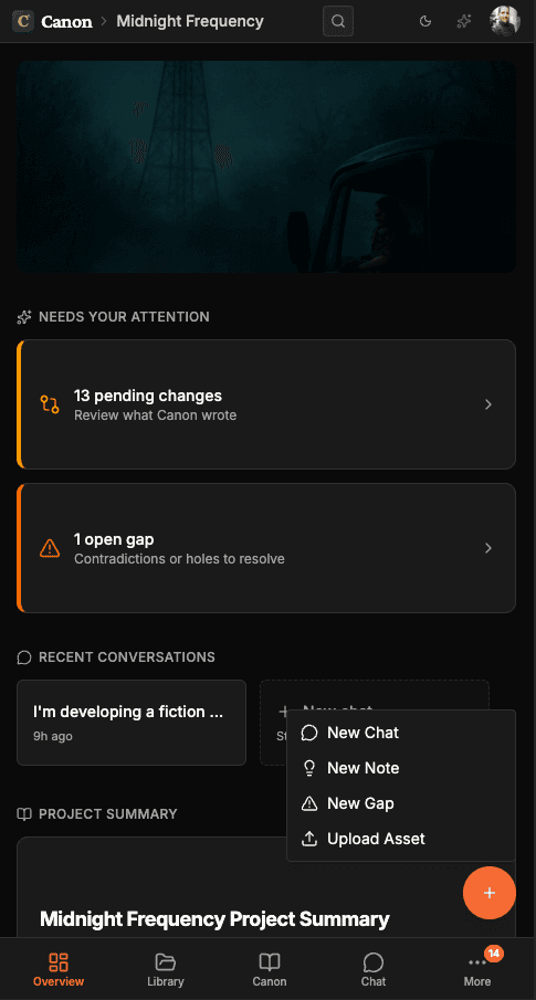 A fiction podcast project in Canon with episode arcs, character profiles, and series mythology — mobile view
