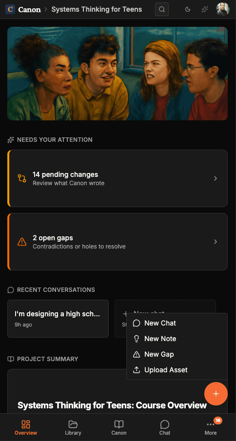 A curriculum project in Canon with course overview, unit outlines, assessment rubrics, and facilitation guide — mobile view