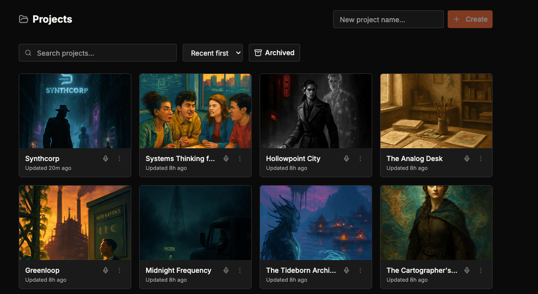 Canon projects dashboard showing diverse creative projects — games, screenplays, novels, startups, comics