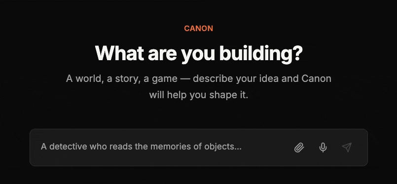 Canon onboarding — creating a project from a chat prompt and watching AI build the concept